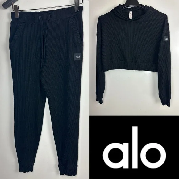 Alo Yoga Muse Ribbed 2 Piece Set Crop Hoodie Jogger Sweatpants Small *Read/Flaw - Picture 2 of 16